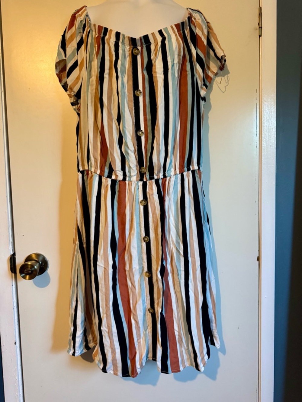 J for Justify Striped Button-Front Dress in Black, Rust, Cream, Light Blue